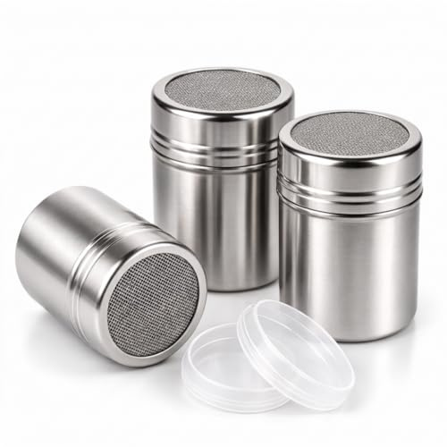 3 Stück Edelstahl-Streuer, Puderzuckerstreuer mit Frischhaltedeckel, Kakaostreuer und Mehlstreuer, Puderzuckermühle für Kakao, Kaffee, Schokolade, Zucker, Salz, Backen und Kochen