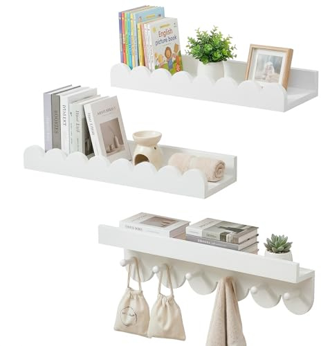 3er Set Wandregal Kinderzimmer Bücherregal Kinder Wand mit runden Haken | 40cm Geschwungene Bücherregal Wand Holz Montessori Regal Schwebende Wandregale für Zuhause Kinderzimmer Kindergarten