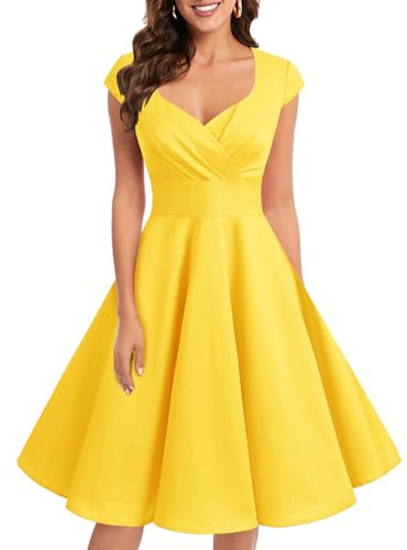 Bbonlinedress Women's Vintage 1950s cap Sleeve Rockabilly Cocktail Dress Multi-Colored Yellow S