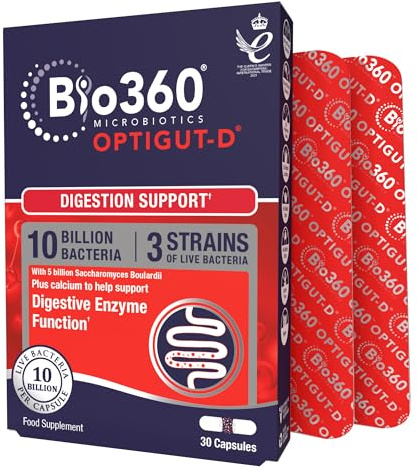 Natures Aid Bio360 OptiGUT-D 10 Billion CFU Supplement – 30 Capsules | High Strength Vegan Digestive Gut Health Support, For Adults & Kids, Gluten-Free, Non-GMO