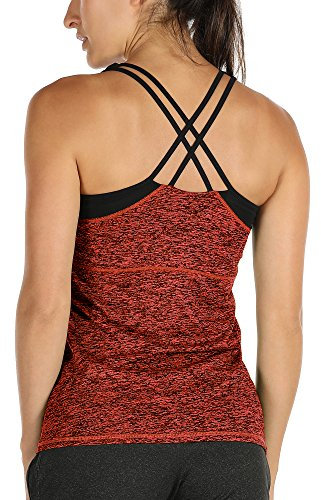 icyzone Damen 2 in 1 Sport Yoga Tops mit BH - Gym Shirts Fitness Trainings Tank Top (S, Burnt Ochre)