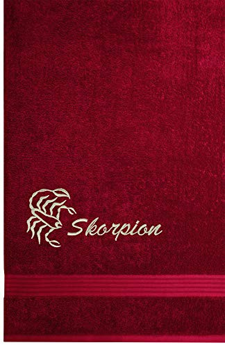 Lashuma Linz Badehandtuch mit Tierzeichen Skorpion Stickerei, Größe 70x140 cm, Duschtuch Rubin Rot