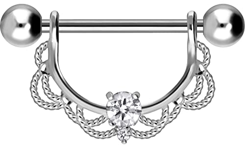 PIERCINGLINE Chirurgenstahl Nippelpiercing Barbell ORIENTALISCHES DESIGN + KRISTALL Piercing Brust Nippel Brustwarze Silberfarben 14 mm