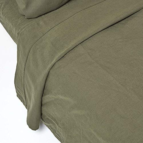 HOMESCAPES Luxury Soft Linen Flat Sheet Plain Dark Green Textured Linen Sheet Natural French Flax Fibre Linen & Pure 100% Cotton Blend Khaki Green, King Size