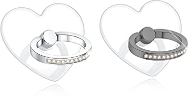 lenoup Transparenter Funkeln Herz Handy Ring Smartphone Fingerhalterung,360 Drehung Klar Glitzer Handyringhalterung Finger mit Künstliche Diamant Bling Handy Ringhalter(Silber, Schwarz)