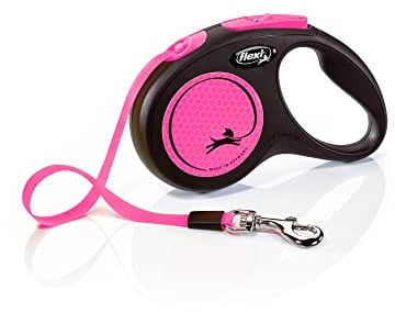 flexi® Neon S Gurt 5 m schwarz, neon-Pinker Gurt, reflektierende Seitenfläche, Roll-Leine für Hunde bis 15 kg