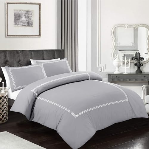 My home store Embroidered Grey Super King Duvet Cover Set - Hotel Quality 200TC Bedding Set Soft Breathable 100% Poly Cotton Quilt Cover with 2 Pillowcases