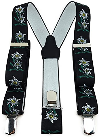 TigerTie Unisex Hosenträger in Y-Form mit 3 extra starken Clips - Farbe in schwarz grün weiß gelb mit Edelweißmotiv - hochwertige Verarbeitung - Breite 35 mm