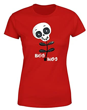 Halloween Boo Hoo Kostüm Damen T-Shirt Fasching Statement, Farbe: Rot, Größe: Small