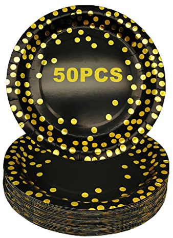 Ceiliwen, Confezione da 50 piatti per feste di colore oro e nero, 17,8 cm, piatti di carta monouso, forniture per feste, decorazioni per compleanno, confezione da 50
