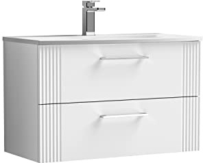 nuie DPF195G Deco Modern Bathroom Wall Hung 2 Drawer Part Fluted Vanity Basin Unit with Curved Ceramic Basin, 800mm, Satin White