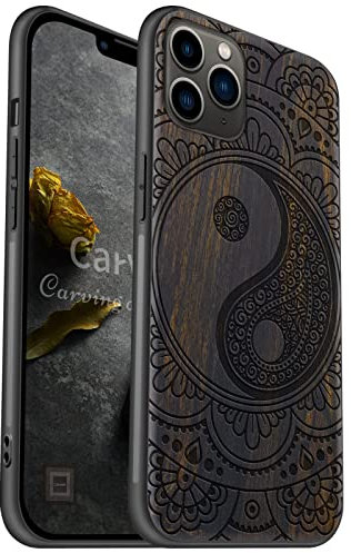 Carveit Handyhülle für iPhone 11 Pro Max Case [Holz und TPU Silikon Hybrid hülle] Stoßfeste Stoßstange handyhülle Kompatibel mit 11 Pro Max Massivholz Cover（Dunklesholz-Mandala mit Yin-Yang）