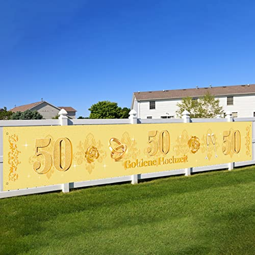 50.Goldenen Hochzeit Banner,BTZO Goldene Hochzeit Deko Stoff Banner für 50 Jubiläum Hochzeitstag Dekoration Tisch Garten Mauer Innen Außen Hintergrund Deko,270x35cm