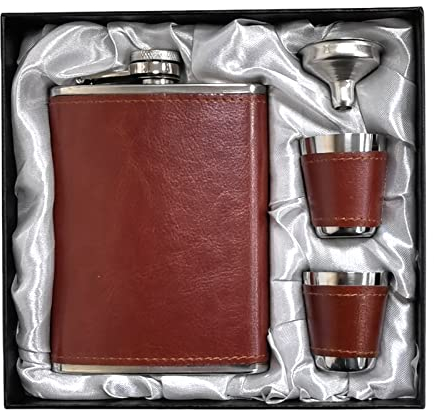 Hip Flask Set with Funnel Shot Glasses, 8 oz Alcohol Flask Whiskey Flask Stainless Steel + PU Leather, Leak Proof Pocket Hip Flask for Liquor for Men, Brown