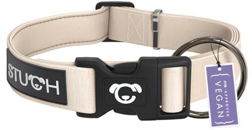 STUCH Veganes Hundehalsband Nylon gepolstert, verstellbar & strapazierfähig – 100% Vegan, PETA Zertifiziert – Halsband für kleine, mittlere & große Hunde – Farbe:Beige, Größe:S (1,5cm x 28-45cm)