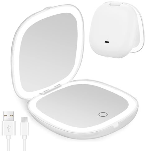 JIMACRO Miroir de Maquillage de Voyage à LED, Miroir de Poche Grossissant 1x/10x avec 56 Lumières LED, Miroir Pliant de Chargement USB avec 3 Couleurs de Luminosité Réglable, Idéal pour Sac à Main