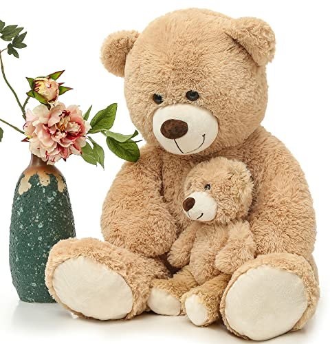 Riesen Teddy großer Teddybär mit Baby 100cm Teddybär groß XXL Kuscheltier Stofftiere Teddys Riesen Teddy Bear Plüschbär Kuschelbär Geburtstag Weihnachten Geschenk für Kinder Mädchen Hellbraun