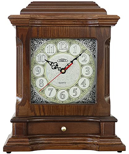 PRIM Design Tischuhr Old Times, Dunkelbraun/Holz, luxuriöse Tischdekoration mit verziertem Zifferblatt, Quarz-Schrittmotor, Größe: 270 x 340 x 128 mm, Luxus Deko für Wohnzimmer, Schlafzimmer, Büro