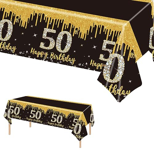 137 x 274 cm Schwarz und Gold zum Geburtstag Tischdecke Schwarz Gold Tischdeko für Mann Frau 50. Geburtstag,Rechteckige Kunststoff Tischdecke für Partydekorationen zum 50. Geburtstag