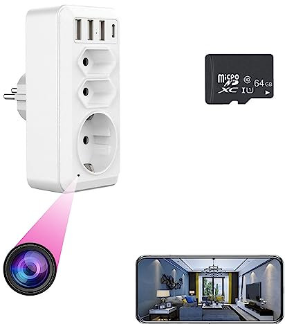 Cámara oculta, cámara de enchufe de la UE con 3 interfaz USB y puerto tipo C, Firstoy HD WiFi adaptador de la UE cámara de enchufe con visión nocturna y función de visión remota, vigilancia para