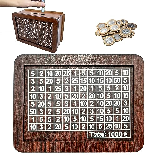 cashbox,Spardose aus Holz, spardose1000,3000, 5000,10000euro, Spardose Kinder-Sparziel, Wiederverwendbare Spardose mit Sparziel und Zahlen zum ankreuzen(1000€)