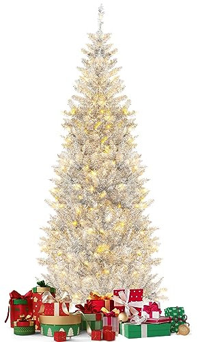GYMAX Sapin de Noël Artificiel Lumineux 180 CM, avec 790 Branches & 300 Lumières LED Blanc Chaud & Support Pliable en Métal Pliable & Charnière, pour Bureau/Maison/Intérieur/Extérieur