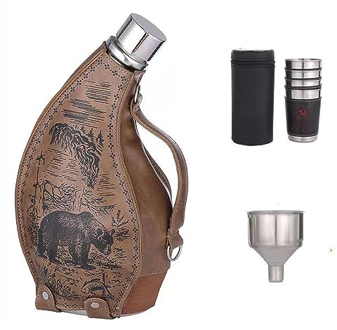 Set di Fiaschette Portatili per Whisky in Acciaio Inox a Forma di Corno Fiaschetta per Liquori di Grande Capacità con Fondina Rimovibile, Imbuto, Tazza da 70 Ml,Bear