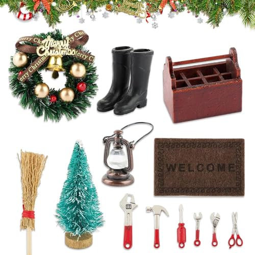 Udbrud Wichteltür Zubehör, 13Pcs Deko dänische Wichtel Türn mit Weihnachtsbaum Kranz Fußmatte Besen Stiefel Öllampe Werkzeugkasten und 6 Werkzeug Miniatur Wichtel Set Wichtelhaus Weihnachtsdeko Kinder
