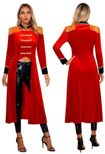 inhzoy Damen Kostüm Zikus Zirkusdirektor Jacke Gothic Frack Garde Uniform | Marching Band Jacke, Rock Star Cosplay Mantel, Weiche Samtstoff, Fransen Schulterklappen, Für Halloween, Fasching, Mottoparty