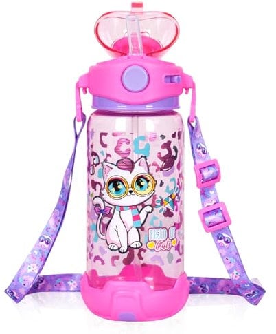 YOYTOO Kinder-Wasserflasche mit Strohhalm und Umhängeband für Schule, Mädchen, Jungen, 625 ml, BPA-frei, Kinder-Trinkflasche, auslaufsicher, Klappdeckel für Schulanfang, Sport, Reisen (Katze)