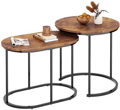 DlandHome Ausziehtische, 2 Stück, industrieller Stil, Couchtisch, lackiert, für Wohnzimmer, Beistelltisch mit Fuß aus Metall, schwarz, braun