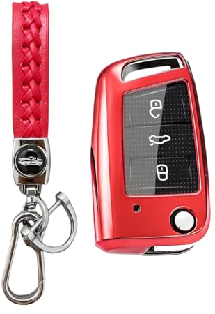 MEDZUK Schlüsselhülle Kompatibel mit VW T-ROC 2017-2024 2025 Autoschlüssel Hülle Schutz, Schlüsselgehäuse Zubehör mit Schlüsselanhänger (Rot)