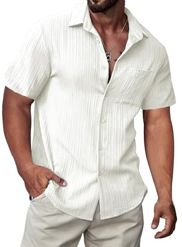 Meilicloth Short Sleeved Shirts for Men Regular Fit Button Up Casual Summer Hawaiian Shirt fit Daily Holiday Beach White Medium(40R)