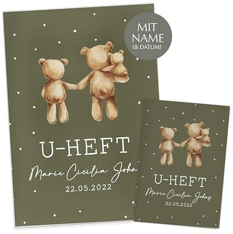 NORDEULE U-Heft- und Imfpasshülle mit Name und Datum personalisiert | 4-teiliges Set | Hochwertige Hülle für Untersuchungsheft und Impfass Deines Kindes (Collection Ella | Olive)