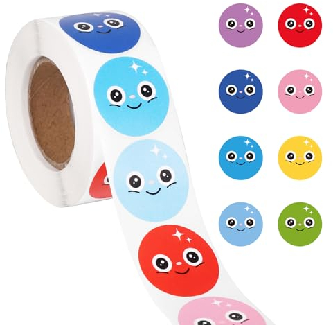 500st Happy Smile Aufkleber, 2,54cm Klein Happy Face Aufkleber Rolle 8 Farben Smile Face Stickers Lächelndes Gesicht Incentive Aufkleber zum Basteln mit Belohnungszubehör für Kinder