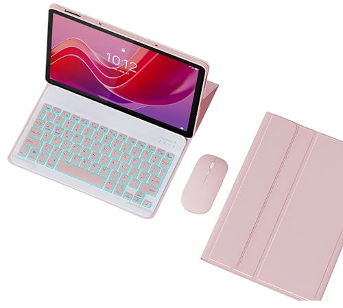 HLTOOP Funda con Teclado para Lenovo Tab M11 2024 11 Pulgadas TB330, Contener Ñ, Teclado Inalámbrico Retroiluminado Desmontable con Cubierta Protectora Magnética, Ratón Recargable,Rosado