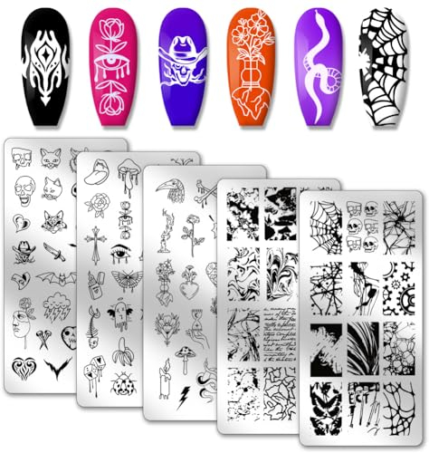 PH PandaHall 5PCS Nagel Schablone Stempel, Totenkopf Spinne Nail Stamper Nagelstempel Platte Punk Style Scary Nail Art Schablonen Nagelbildplatten Aus Edelstahl Für Nail Art Design
