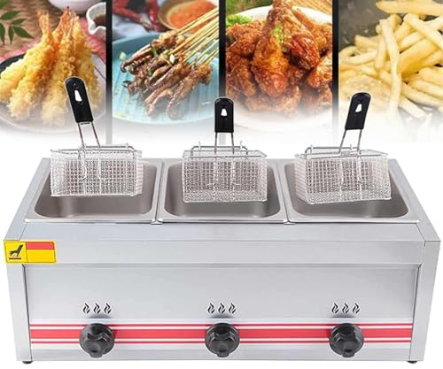 LSHFYV Professional Gas Fryer, Commercial Stainless Steel Deep Fryer with Fryer Baskets and Lids, for Commercial Restaurant Home Kitchen,Triplecylinder10l+10l+10l