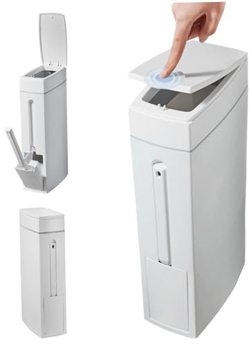Bathroom Bin, Bathroom Trash Can 4x8x17in 4.5L Slim Bathroom Bin with Toilet Brush Holder Press-Opening White Rectangular Toilet Trash Can for Toilet Kitchen Space Saving, Slim Trash Can With Lid