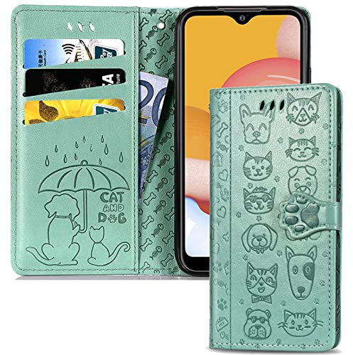 IMEIKONST Wallet Case for Redmi A3, Magnetic Closure Card Slots RFID Blocking Folio Flip Stand Function TPU Shell Bumper PU Leather Cell Phone Cover for Redmi A3. Green Cat Dog SD