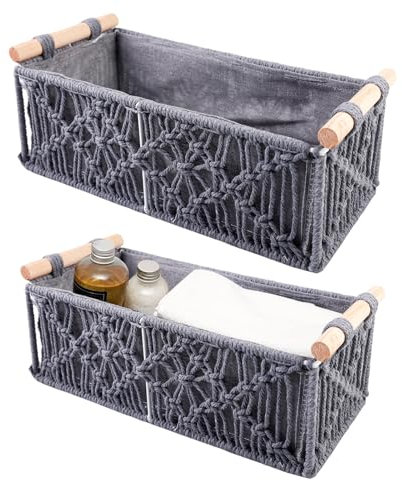 Sporgo 2 Stück Makramee Aufbewahrungskörbe: Boho Aufbewahrungskorb mit Holzgriff Badezimmer Aufbewahrung Korb, Hand Geflochtener Korb Makramee Basket Set für Schlafzimmer, Badezimmer und Schrank