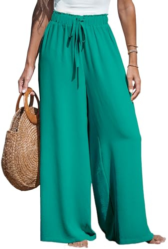 CUPSHE Women Trousers Drawstring Wide Leg High Waist Casual Beach Lightweight Summer Trousers, Teal Green, S