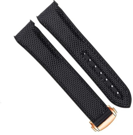 INSTR Watch Bracelet for Omega 300 SEAMASTER 600 Planet Ocean Silicone Nylon Strap with Folding Bucklen Watch Accessories(Black Rose Gold,20mm)