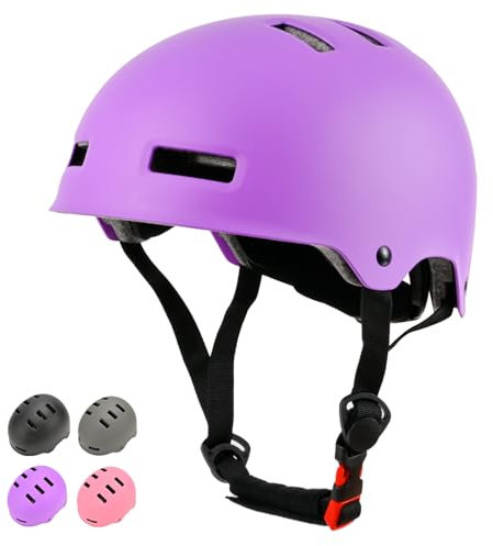 LOKJIJI Casco da bici regolabile per ragazzi ragazze giovani e adulti, Casco Protettivo per bambini per multisport skateboard monopattino bicicletta ciclismo pattinaggio (Viola, S)