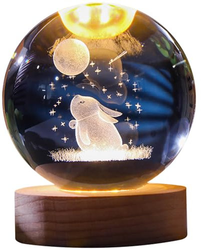 Lapin gravé à la boule de cristal ＆ Lauteur de boule de lune Lumière en cristal 3d lampe à balle cristalline 2,4 '' globe en verre avec base en bois pour la fille fille, ornements de collection à bal