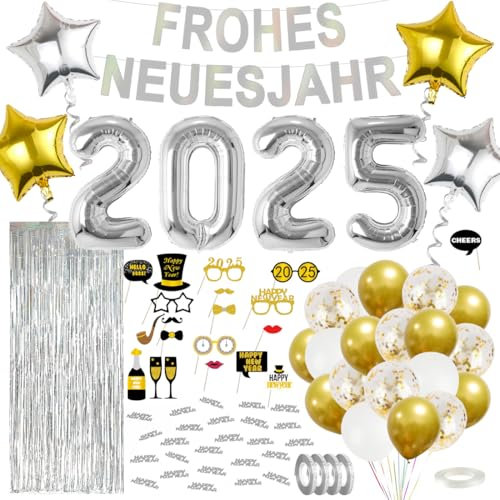 Cadimus Silvester Deko 2026, 2026 Neujahrsballons Silber, Frohes Neues Jahr Ballonset, Silvester Party Set, Silvester Konfetti + Foto Requisiten Neujahr + Lametta-Vorhang, Luftschlangen