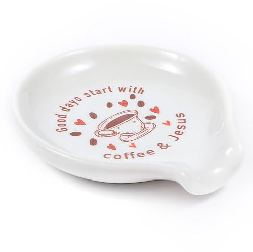 Wanmu Coffee Spoon Holder, Funny Ceramic Rests with Coffee Quote, Coffee Station Decor Coffee Bar Accessories, Mini Spoon Holder for Stove Top Countertop Small Teaspoon Rest, Porcelain Spoon
