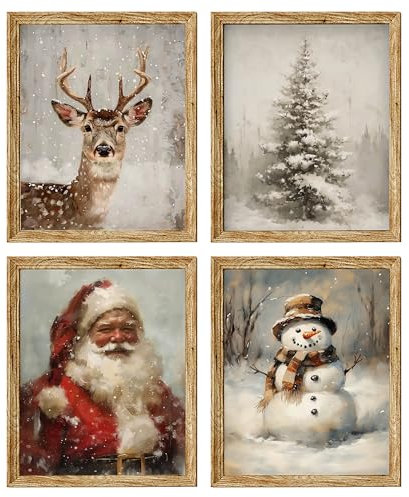 LKETW Vintage-Poster mit Winter-Weihnachtsdruck, ungerahmt, 40,6 x 30,5 cm, rustikaler Weihnachtsmann und Rentier, Wanddekoration für Schlafzimmer, Wohnzimmer, Bauernhaus, Retro-Schneemann,