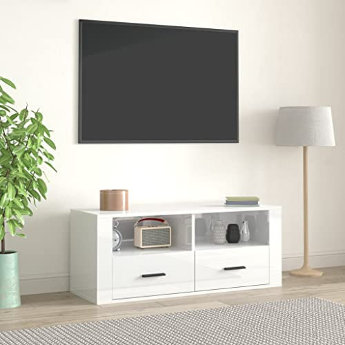 TJROO Meuble TV pour salon, 100 x 35 x 40 cm, bois blanc brillant, grand espace de rangement, rangement pour lecteurs DVD, meuble HiFi chambre à coucher classique, armoire de salon
