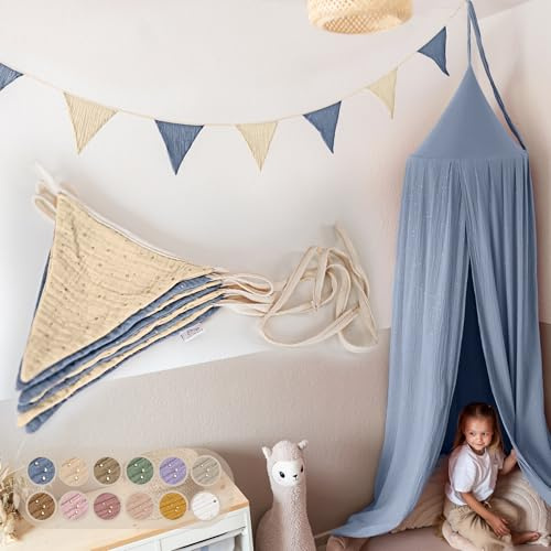 LILIMAUS Wimpelkette Stoff [mit Goldapplikation in 12 Farben] Wimpelkette Kinderzimmer - 100% Baumwolle Handmade Girlande Stoff - Wimpelkette Musselin - Hausbett Deko Mädchen & Jungen für Babyzimmer